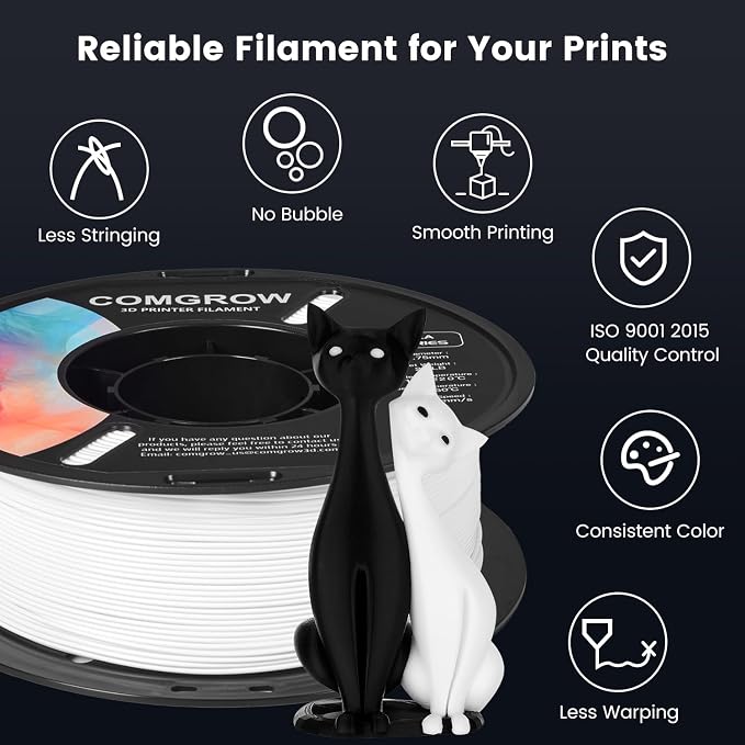 Comgrow PLA 3D Printer Filament, 3D Printer PLA Filament 1.75mm, Dimensional Accuracy +/- 0.02 mm, 1KG Spool PLA White