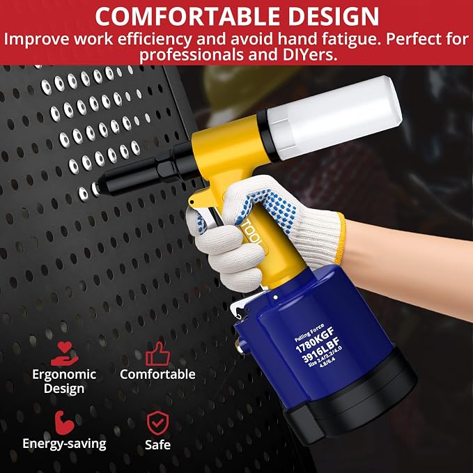 JUSTOOL Heavy Duty Pneumatic Rivet Gun 3916 LBF Air Rivet Gun-3/32", 1/8", 5/32", 3/16", 1/4" Air Riveter with NPT 1/4 inch Air Hydraulic Riveter for Automotive Construction Maintenance Industries DIY