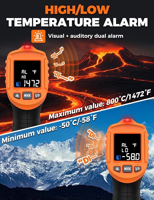 4 in 1 Temperature Gun POROMETISTO 4 Types of Alarm Setting,-58-1472°F Measure Infrared/Ambient Temperature Humidity Infrared Thermometers,Industrial Laser Thermometer Gun with K-Type Probe