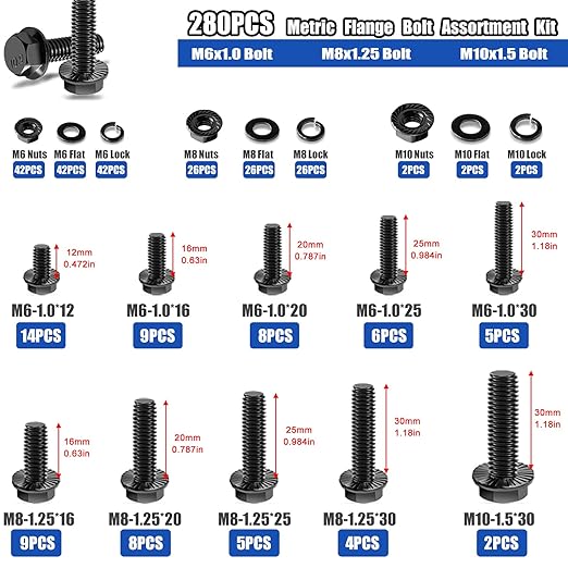 Taiss 3160PCS Metric Flange Bolt Assortment Kit,Nuts and Bolts Assortment Kit M2 M3 M4 M5 M6x1.0 M8x1.25 M10x1.5 Bolt(4-45mm)42 Sizes Hex Socket Button & Cap Head Metric Screw 10.9 Black Zinc Plated