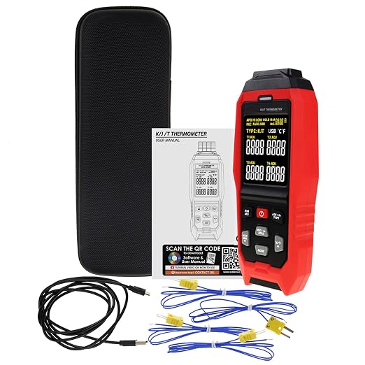 Thermocouple Thermometer Temperature Data Logger 4-Channel K/J/T Type Thermometer with 5000 Groups Data Logging and USB Export, -328~2501℉ Range HVAC Thermocouple Meter with Alarm & ADJ Compensation