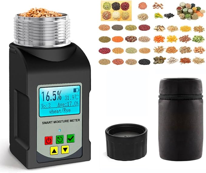 Grain Moisture Meter Tester, Digital Portable Grain Moisture Analyzer for 25 Grains, with Backlit LCD Display, Voice Broadcast, Data Logging, Temperature Test for Coffee Wheat Corn Rice Farm Crops