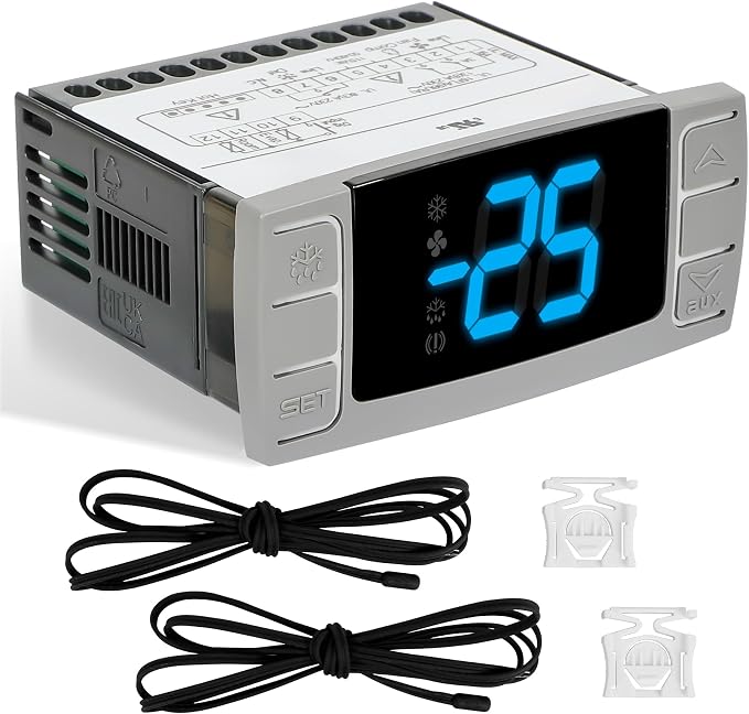 32-bit Enhanced XR06CX-4DAFILS Temperature Controller, Replaces Dixell XR06CX for 110-125V 50-60Hz Commercial Fridges/Freezers, Digital Thermostat, Voltage Protection & Reset, Blue Screen