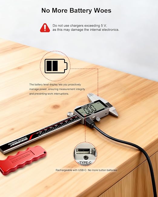 GODESON Digital Caliper, 6 Inch Rechargeable & Power Indicator Caliper Measuring Tool - 0.01mm Accuracy, Large LCD Vernier Calipers - IP54 & Full Stainless Steel, MM/Inch/F for Wood Working, DIY，3D