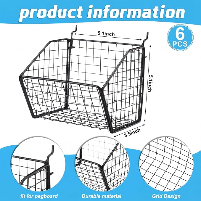 Reallnaive 6 Pack Black Pegboard Baskets Metal Wire Shelf Baskets 5.1 x 5.1 x 3.5 in Peg Board Organizer Accessories Wall Mount Organizer Bins for Tool Storage Craft Room Garage Workbench