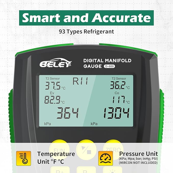 BELEY Digital Manifold HVAC Gauge Set,93 Refrigerants Dual Pressure&Temp Test with Temperature Clips and Hoses Vacuum AC Gauges for R1234YF R134A R404A R410A R32 R744（CO₂）