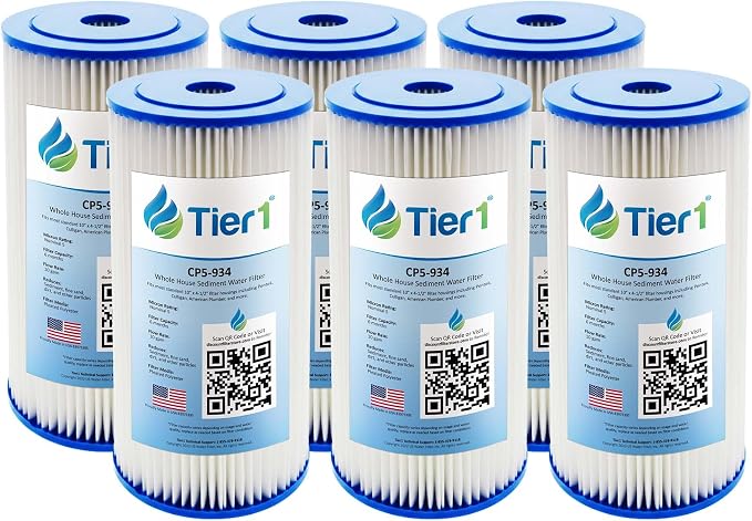 Tier1 5 Micron 10 x 4.5 Water Filter | Pleated Polyester Whole House Sediment Filter Cartridge | Replacement for Pentek CP5-BB, Culligan CP5-BBS-D, CP5-934, W5CPHD | 4.5 x 10 Water Filter (6-Pack)