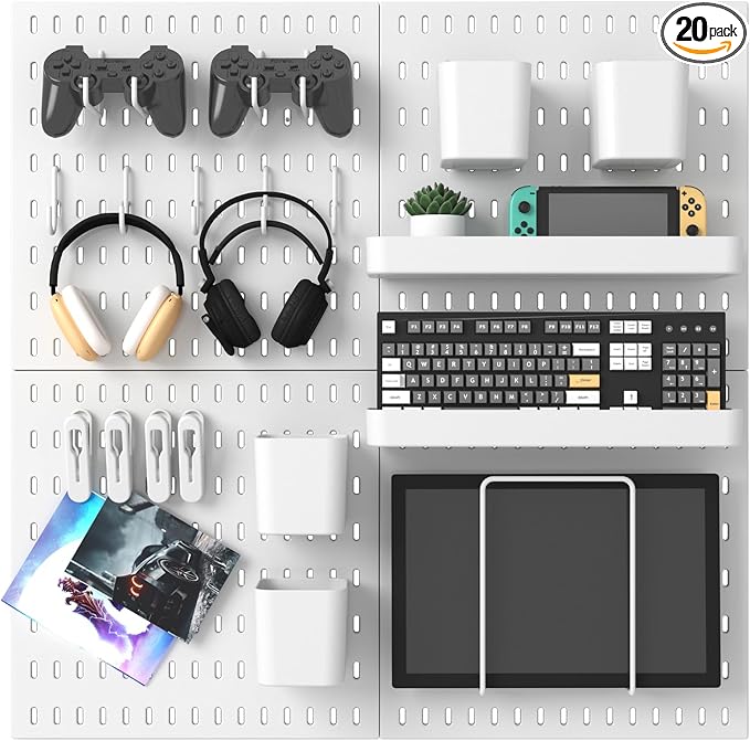 MULSAME Pegboard Combination Kit, 25.2" x 25.2" Wall Mounted Storage Set with 4 Pegboards & 20 Accessories Hanging, Peg Boards Organizer