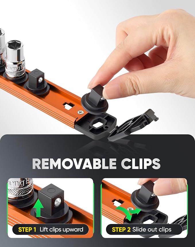 ALOANES Magnetic Socket Organizer Set, 6PC Heavy Duty Aluminum Socket Holder Organizer, 360° Swivel Clips Socket Holder Kit for Toolbox Drawer Fit 1/2, 3/8, 1/4-Inch x 80 Clips (Orange, 6PC)