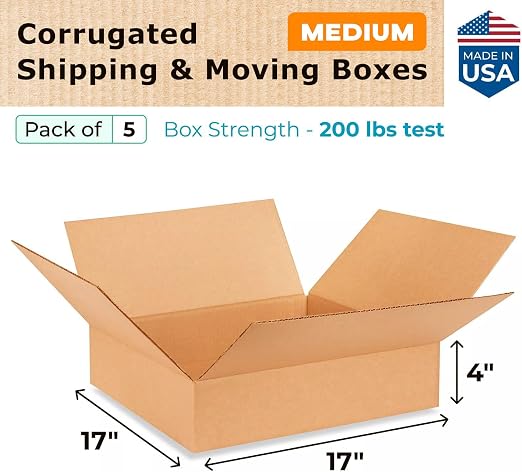 Medium Shipping & Moving Boxes 17 x 17 x 4 inches (5-Pack) - Extra Strength 200 lb vs Regular - USA-Made Corrugated Cardboard Boxes for USPS/UPS/FEDEX - Durable Medium Box for Moving by IDL Packaging