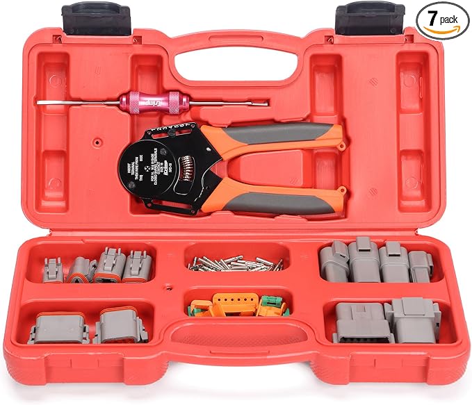 iCrimp Deutsch Crimp Tool Kit, Closed Barrel Crimper 4 Way Indent, 8 Impression Deutsch Crimper for Solid Contacts Gage 14,16&18 with 105PCS DT Connector Kit for Automotive Electrical