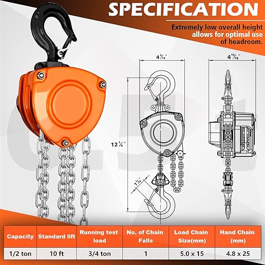 YATOINTO Chain Hoist 1/2 Ton (1100Lbs) Capacity 10FT, Manual Hand Lift Chain Block Hoist with 2 Heavy Duty Hooks, Industrial Grade Structures, Hand Chain Hoist for Garages Automotive Machinery