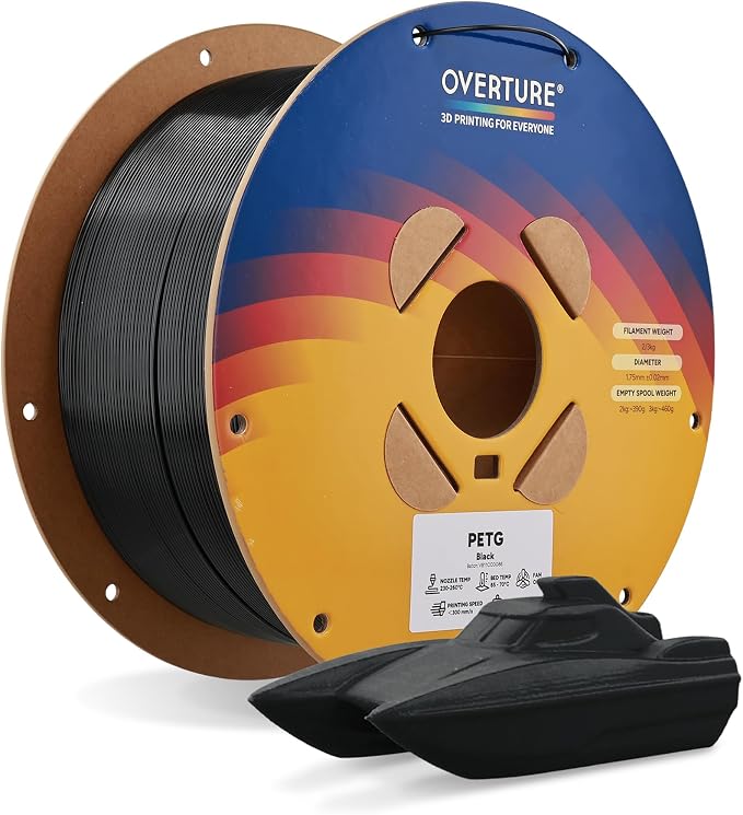 OVERTURE PETG Filament 1.75mm Bundle 2kg, High Speed 3D Printer Filament, Neatly Wound & Clog-Free, 1 Pack 2kg(4.4lbs), Accuracy +/- 0.02mm, Fit Most FDM Printers (Black 1 Pack)