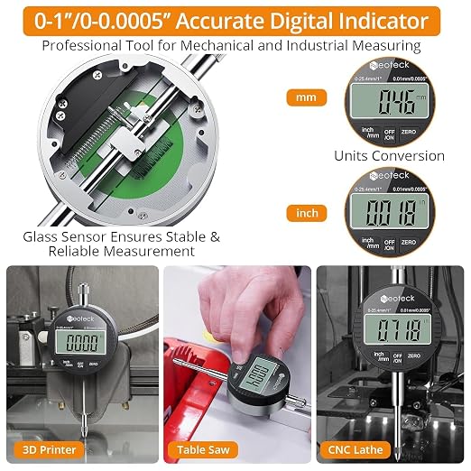 Neoteck Digital Dial Indicator Gauge and Magnetic Base Set with Storage Case 0-1 inch/25.4mm,0.01mm/0.0005" Inch/Metric Conversion Measuring Tool for 3D Printer Lathe Workshop CNC Machine-Black