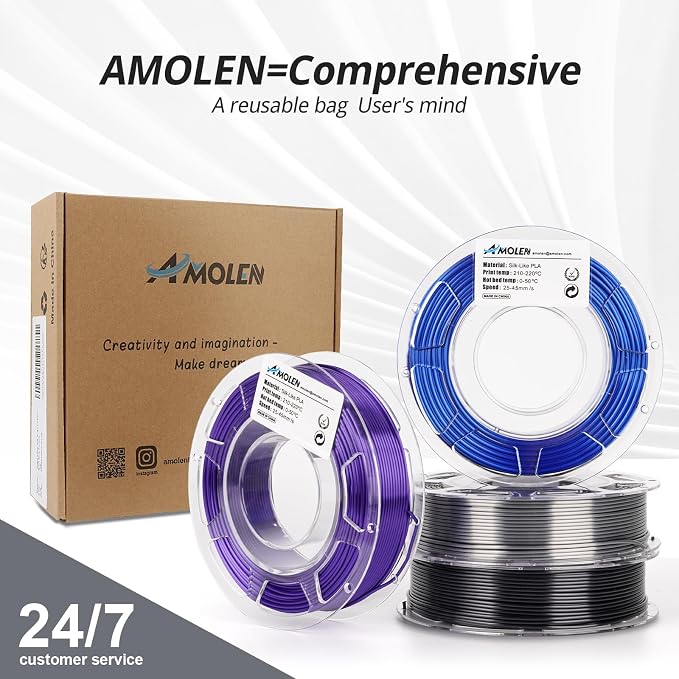 AMOLEN Silk 3D Printer Filament Bundle, PLA Filament 1.75mm Pack, Shiny 3D Printing Filament for Most FDM 3D Printer, Black, Purple, Silver Grey, Sapphire Blue, 200g X 4