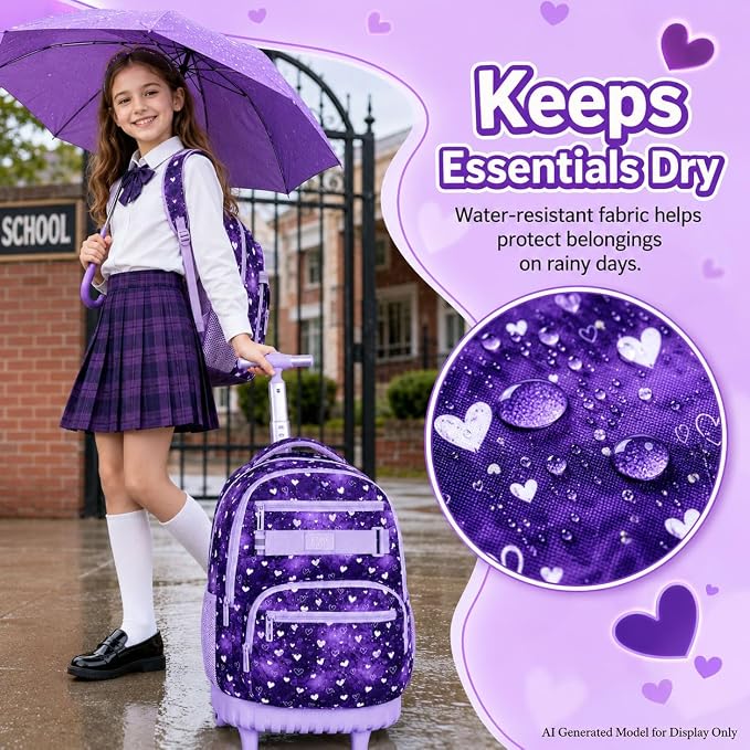 3Pcs Rolling Backpack for Girls Teens, 19" Wheeled Backpack with Lunch Box, Polka Dots Travel Roller Backpack for Women College Students (Purple)