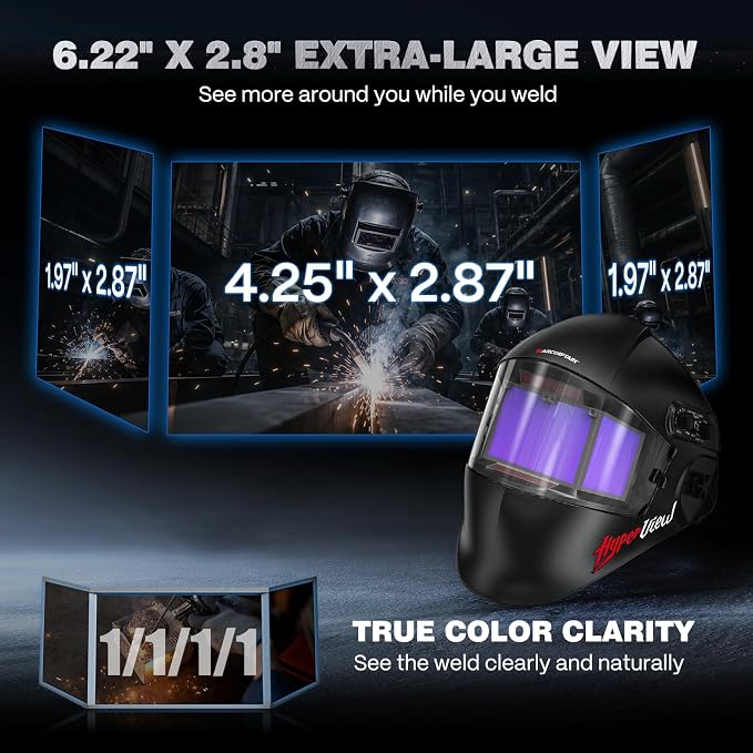ARCCAPTAIN Auto Darkening Welding Helmet with Panoramic Side View, 6.22" x 2.8" Extra-Large Viewing Screen, 1/1/1/1 True Color Welding Hood, 4 Arc Sensors, Shade 3/4-8/9-13 for TIG/MIG/ARC/Cut/Grind