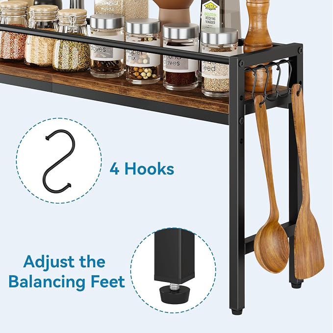 YMYNY 32.5" Spice Rack Over Stove Kitchen Organizer Vintage Brown UHSR008H | With 4 hooks & side basket, this shelf adds extra countertop storage for spices, utensils, oil bottles and kitchen essentials