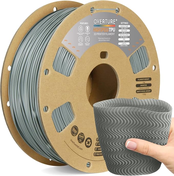 OVERTURE High Speed TPU 95A Flexible 3D Printer Filament 1.75mm | High Elasticity & Durability Filament,1kg Spool(2.2lbs),Fit Most FDM Printer(HS TPU Grey)