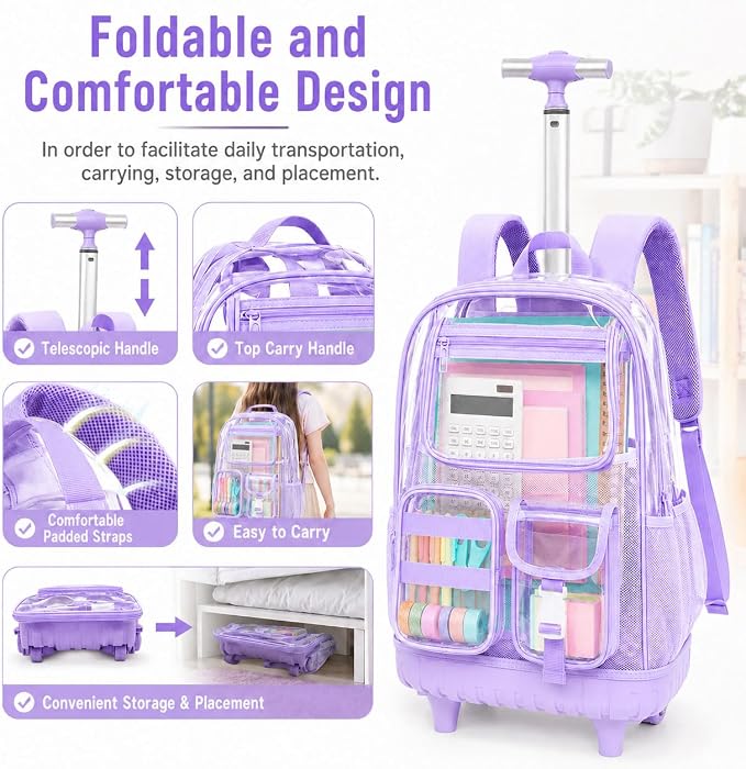 CCJPX 3Pcs Clear Rolling Backpack for Girls Women, Heavy Duty PVC Transparent Wheeled Bookbag, See Through School Bags with Wheels for Teens Elementary Travel - Purple