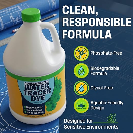 Concentrated Green Water Tracing Dye for Leak Detection – Treats 6,000+ Gallons – Non-Staining UV Dye for Toilets, Pools, Plumbing, Septic, Storm Drains – 68 oz