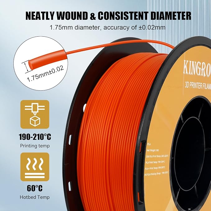 Kingroon High Speed PLA 3D Printer Filament 1.75mm, 3D Printer Rapid Filament for 30-600mm/s Hyper Printing Filament, Dimensional Accuracy +/- 0.03 mm, 1kg Plastic Spool(2.2lbs) (Orange)