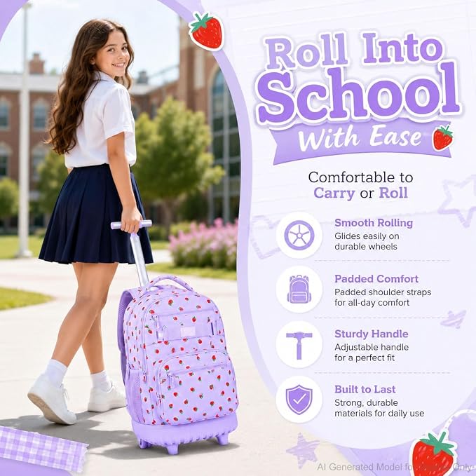 3Pcs Rolling Backpack for Girls Women, Travel Roller Backpacks with Wheels for Adults, Teens College Strawberry Wheeled Bookbag with Lunch Box (Purple)