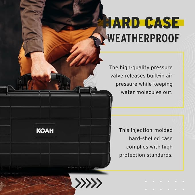 Koah 22x14x9 Weatherproof Wheeled Hard Case with Custom Foam | Watertight, Dust- and Crushproof Shell 22x14x9, Customizable Foam, Retractable Handle, Trolley Wheels, 1-Yr Warranty