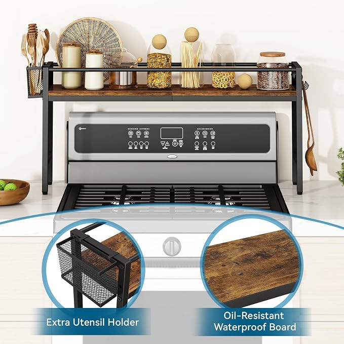 YMYNY 32.5" Spice Rack Over Stove Kitchen Organizer Vintage Brown UHSR008H | With 4 hooks & side basket, this shelf adds extra countertop storage for spices, utensils, oil bottles and kitchen essentials