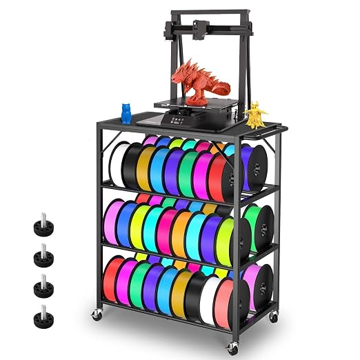3D Printer Stand with Filament Storage Rack - 3D Printer Table Rolling Printer Cart on Wheels, Heavy Duty Metal Filament Spool Holder Organizer, 3D Printing Workstation for 48 Filament Spools (Black)