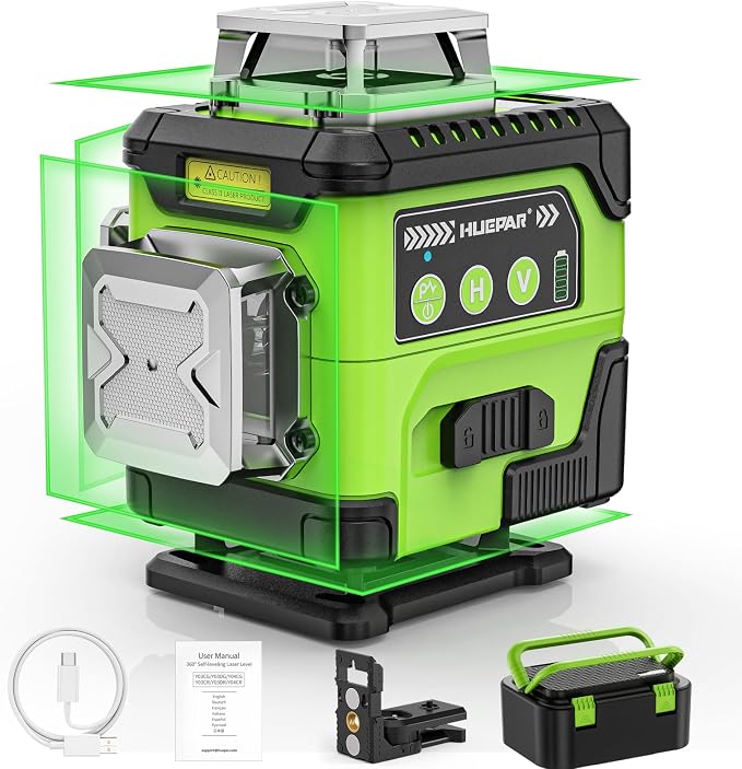 HUEPAR Laser Level 360 Self Leveling with LCD Screen, 4 x 360° High Brightness Rechargeable 4D Lazer Leveler Tool for Construction and Picture Hanging, Strong Magnetic Bracket&Hard Carry Case -Y04CG