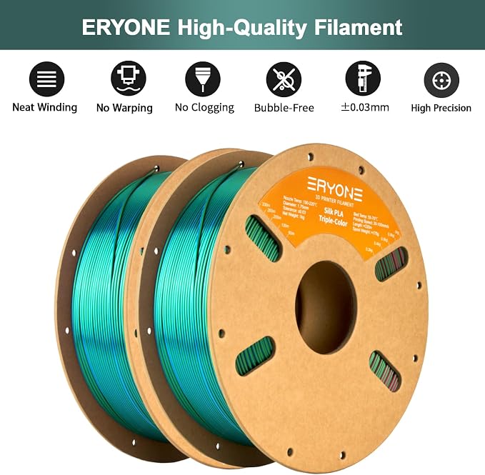 ERYONE Silk Tri Color PLA Filament 3D Printer 1.75mm +/- 0.03mm, Multicolor Filament Tricolor PLA Bundle 2KG Cardboard Spool, Red Blue Green
