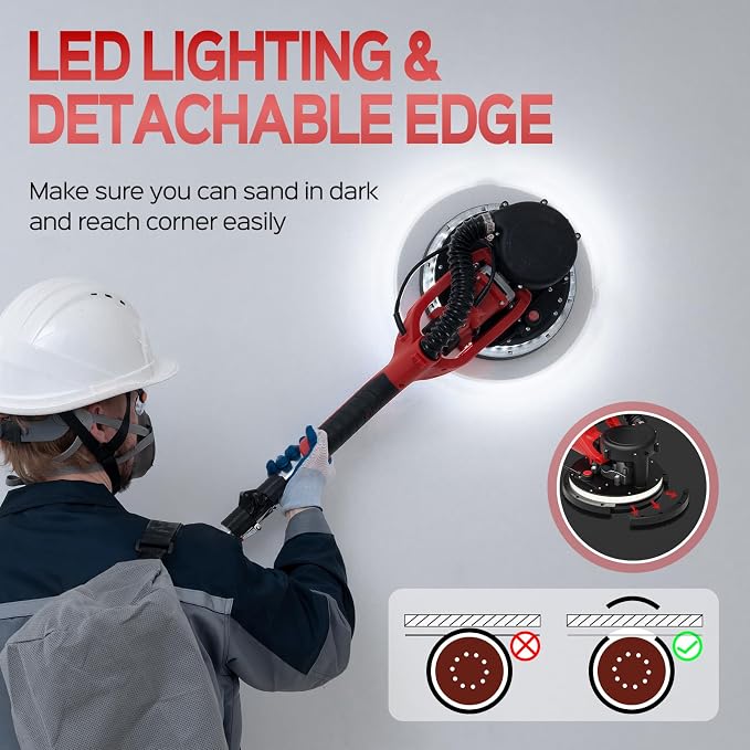 Drywall Sander, 2026 Upgraded 8-Amp Popcorn Ceiling Removal Tool with 7 Variable Speed 800-1800RPM, Drywall Sander with Vacuum Dust Collector with LED Light, Extendable Handle,12pcs Sanding Discs