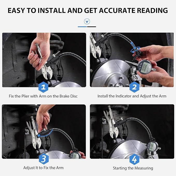 Disc Brake Rotor and Ball Joint Runout Gauge Set, Automobile Brake Disc Flatness Measuring Tool with 1'' by 0.0005'' Digital Indicator and 360 Deg Flexible Stem Holder Tight Grip Locking Vise