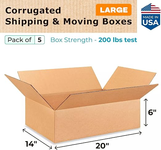 Large Shipping & Moving Boxes 20 x 14 x 6 inches (5-Pack) - Extra Strength 200 lb vs Regular - USA-Made Corrugated Durable Large Moving Boxes - Shipping Box for USPS - Packing Box by IDL Packaging