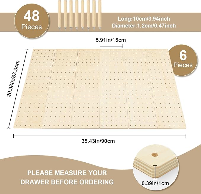 Kigley 6 Pcs Wood Pegboard Drawer Organizer with 48 Pegs Wooden Peg Board System Peg Drawer Organizers for Kitchen Dishes Plate Pegboard Food Containers (Wood Color,21x5.91,Pine)