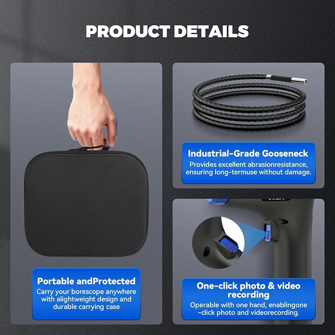 4-Way 360° Articulating Borescope with Light & Detachable Joystick, 5" HD Screen 6.2mm/0.24 in Slim Inspection Camera, 4.0Ft Semi-Rigid Cable for Automotive,HVAC,Mechanical