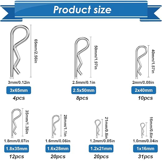 105Pcs Cotter Pin Assortment Kit - 304 Stainless Steel 7 Sizes R Clips Cotter Pins for Automotive, Trailer, Hitch Pin Lock System