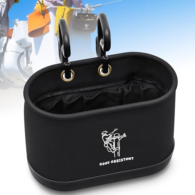 Vesici 1 Pcs Black Canvas Bucket Bag Including Hooks Lineman Aerial Oval Tool Bucket with Black Polypropylene Bottom 15 Interior Pockets Tool Organizer for Industrial Maintenance Construction Sites