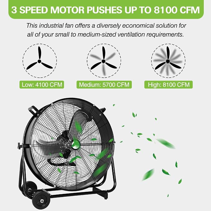 hykolity 24" High Velocity Industrial Drum Fan, 8100 CFM 3-Speed Heavy Duty Metal Shop Fan for Workshops, Warehouse, Garage and Factory, UL Listed