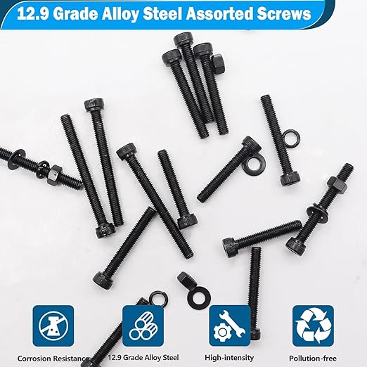 mxuteuk 450PCS M3 M4 Screws Assortment Set,6/8/12/16/20mm Screws Bolts Nuts Kit 12.9 Grade Alloy Steel Hex Socket Head Cap M3 M4 Bolts with Hex Wrench