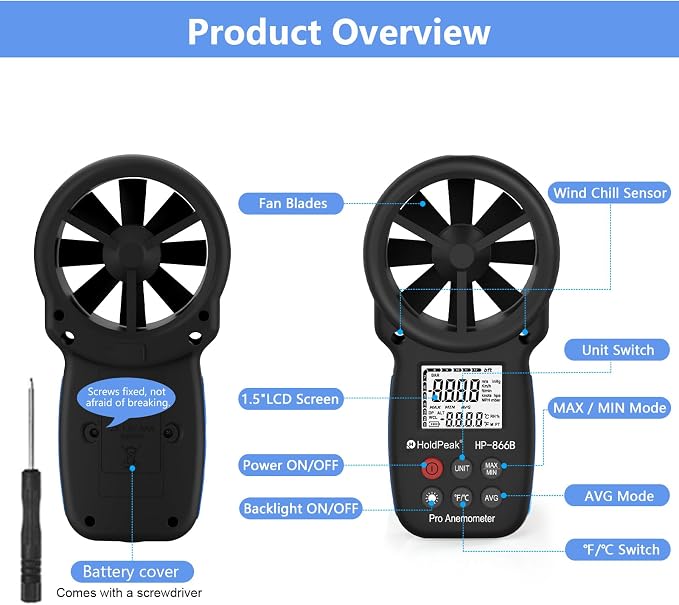 HoldPeak 866B Digital Anemometer, Handheld Wind Speed CFM Meter, HVAC Air Flow Velocity Gauge Tester with Backlight, Outdoor Wind Gauge for Drone Sailing Shooting