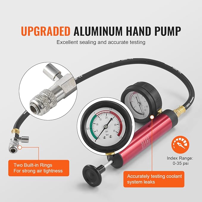 VEVOR Automotive Cooling System Radiator Pressure Tester Kit, 14 pcs Radiator Pressure Tester Kit with Manual Pump and Color-Coded Steel Test Cap Adapters, for Cars Motorcycles Trucks Cooling System