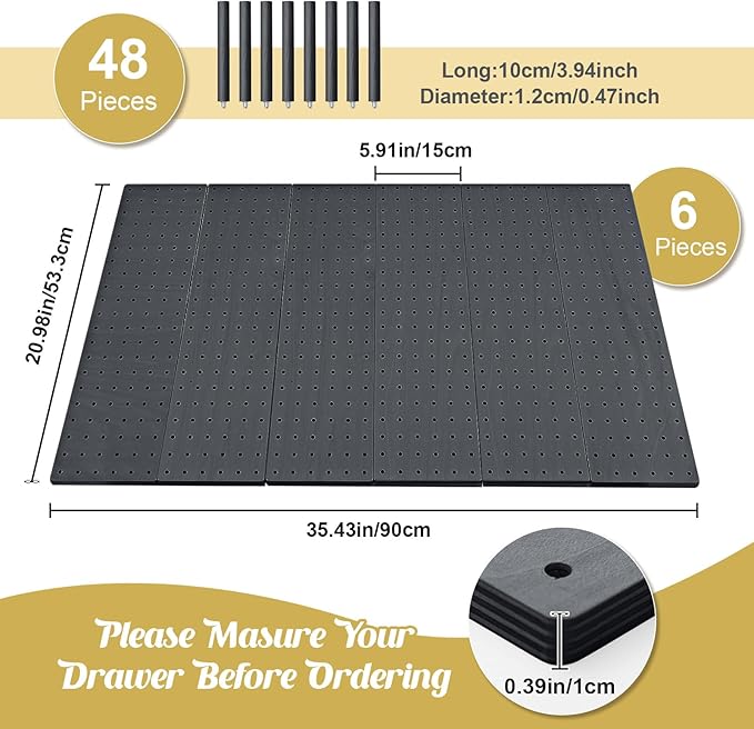 Kigley 6 Pcs Wood Pegboard Drawer Organizer with 48 Pegs Wooden Peg Board System Peg Drawer Organizers for Kitchen Dishes Plate Pegboard Food Containers(Dark Gray,21x5.91,Pine)