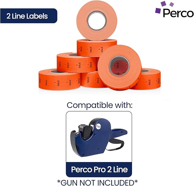 Perco 2 Line Fluorescent Red Sale Labels - 60,000 Blank Price and Date Gun Labels for Perco 2 Line Price and Date Guns - 80 Rolls, 10 Sleeves - Made in USA