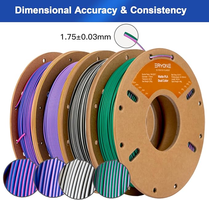 ERYONE PLA Filament 3D Printer Filament Bundle Multicolor 1.75mm +/- 0.03mm, PLA Filament 250g Spool, 4 Rolls, Matte Dual Color 2