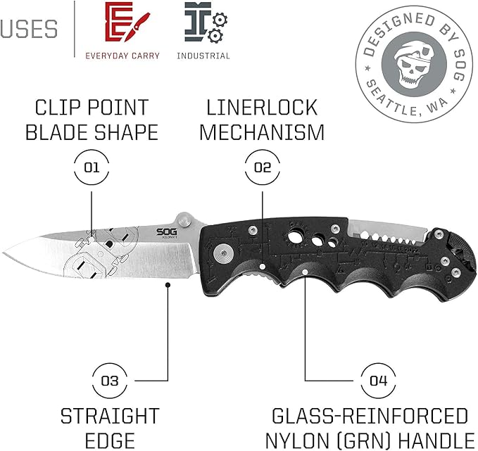 SOG Kilowatt- Electricians Pocket Knife with Wire Stripping Multi-Tool and 3.4 Inch AUS-8 Blade, UTP 10-22G Wire Stripper Knife (EL01-CP), Black