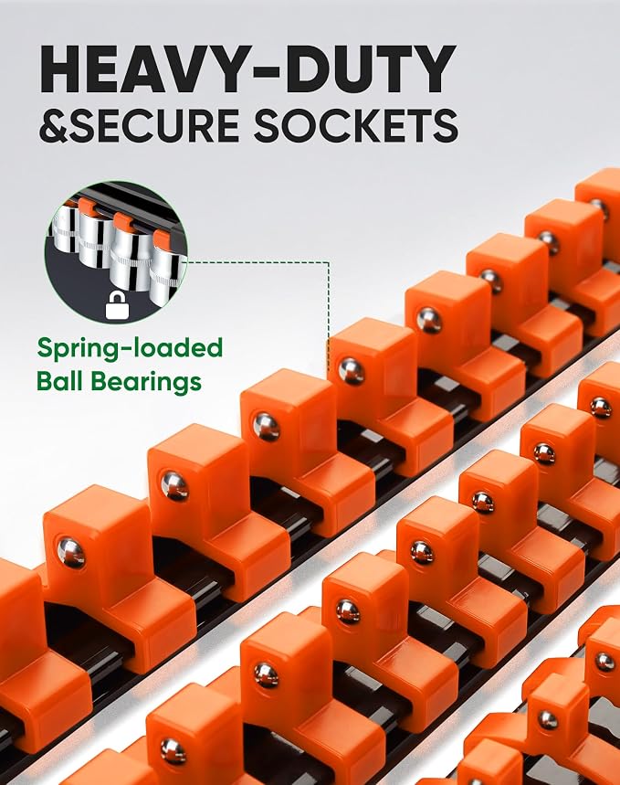 ALOANES 3PC ABS Socket Organizer, Socket Rails Fit 3/8 inch Drive | Portable Heavy Duty Socket Holders Hold up 45 Sockets for Toolbox Drawer Bags(Orange)