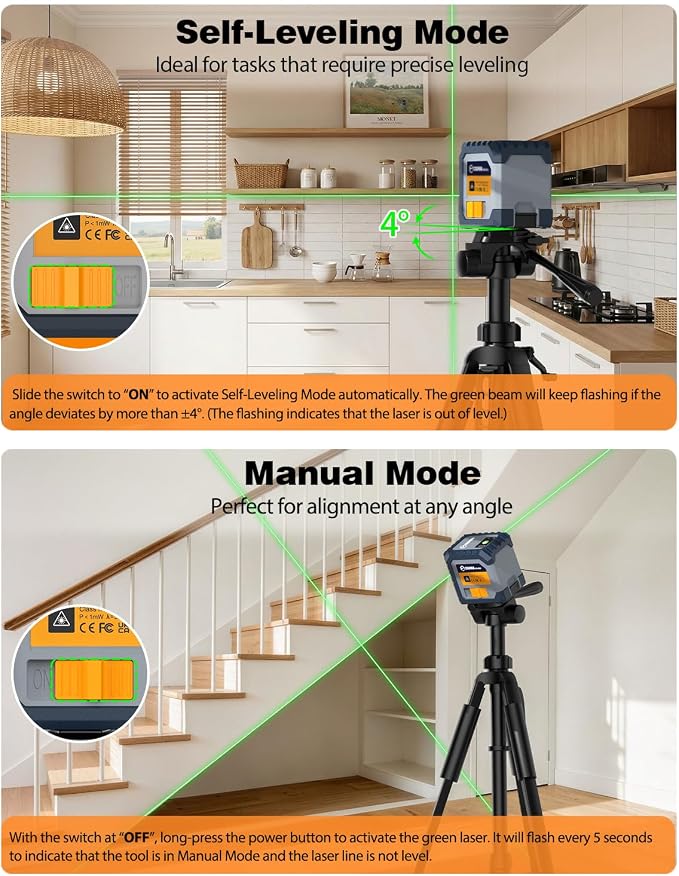 CIGMAN CM-G02 Cross Line Laser Level, Green Self-Leveling Line Laser with Rechargeable Battery, ±3mm Accuracy at 33ft, Magnetic Bracket, for Picture Hanging, Interior Decoration & DIY