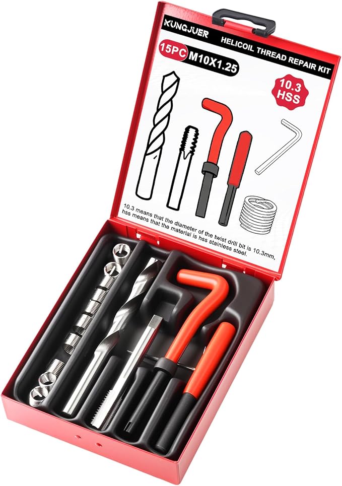 Helicoil Metric Thread Repair Insert Kit, M10x1.25mm Rethreading | with HSS Drill Bits, Rethreading Inserts Tool Set for Damaged Thread Repairing with Carry Case